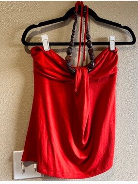 Y2k top Strapless Draped Halter Top Hot Tempered wood bead boho vacation Large